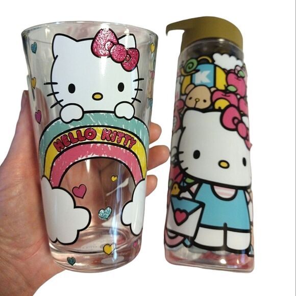 HELLO KITTY Colorful Water Bottle And Glass Tumbler Bundle NWT - Picture 3 of 16